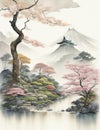 Japanese watercolor scene with a sensation of a fairy garden and a subdued color scheme. Royalty Free Stock Photo