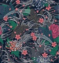 Japanese Wave and Koi Illustration as a seamless pattern