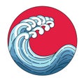 Japanese wave in red sun logo. Vector Japan wave in red circle of the sun. Royalty Free Stock Photo