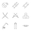 Japanese weapons icons set, outline style