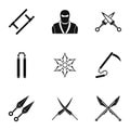 Japanese weapons icons set, simple style