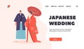 Japanese Wedding Landing Page Template. Asian Couple Wear Traditional Costumes, Bride and Groom Characters