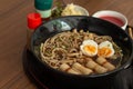 Japanese wheat noodle, Udon noodle on wooden table background