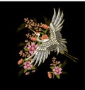 Japanese white crane and flowers. Embroidery vector.