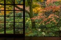 Japanese window in autumn season Royalty Free Stock Photo