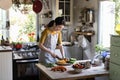 Japanese woman cooking in a countryside kitchen Royalty Free Stock Photo
