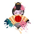 Japanese woman covers her face with a fan.Color vector flat cartoon illustration Royalty Free Stock Photo