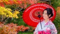 Japanese Woman in A Japanese Garden in Autumn Royalty Free Stock Photo