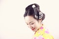 Traditional Asian Japanese beautiful Geisha woman wears kimono smile on a isolated white background