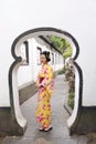 Traditional Asian Japanese beautiful woman wears kimono in a spring garden park stand by bamboo enjoy free time Royalty Free Stock Photo