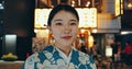 Japanese woman, kimono or culture in portrait at night, city or fashion on heritage celebration. Young person, face or