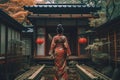 Japanese woman kimono garden. Generate Ai Royalty Free Stock Photo