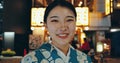 Japanese woman, kimono or happy in portrait at night, city or religion on heritage celebration. Young person, face or Royalty Free Stock Photo