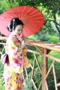 Traditional Asian Japanese beautiful Geisha woman wears kimono hold a umbrella on hand in a summer graden Royalty Free Stock Photo