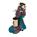 Japanese woman in kimono with latern in Japan old art vector illustration. Culture of beautiful dress and fashion Royalty Free Stock Photo