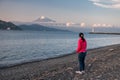 Japanese woman on Miho Masaki beach look at mount Fuji, Shimizu
