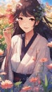 Japanese woman smiling wearing dark robes in a meadow, surrounded by flowers illustrator