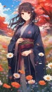 Japanese woman smiling wearing dark robes in a meadow, surrounded by flowers illustrator