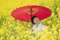 Japanese woman in a beautiful yellow flowers field Royalty Free Stock Photo