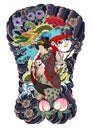 Japanese Women In Kimono With Her Cat And Dragon.Hand Drawn Geisha Girl And Kitten On Wave Background.old Dragon With Plum