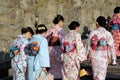 Japanese women in traditional Kimono are going to Kiyomizu temple in Kyoto. Royalty Free Stock Photo