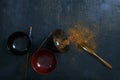 Japanese wooden spoon,chopsticks,bowl and chili powder