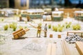 Japanese workers in miniature models of 1800`s on blurry ancient worker camps.