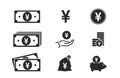 Japanese yen banknotes, coins, cash and money icons. financial and banking infographic elements Royalty Free Stock Photo