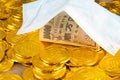 Japanese yen banknotes protected by masks on gold coins Royalty Free Stock Photo