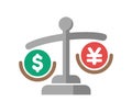 Japanese yen depreciation against US dollar vector icon illustration