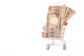 Japanese Yen, JPY in small shopping trolley on white background.