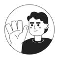 Japanese young adult man waving hand greeting black and white 2D vector avatar illustration