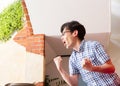 Japanese young man, watching sport game, yelling and shouting encouragement Royalty Free Stock Photo