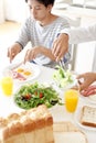 Japanese young people eating breakfast at home,