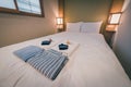 Japanese yukata and towel on bedroom in hotel, Tokyo, Japan. Vintage tone. Selective focus