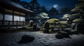 Japanese Zen garden bathed in serene moonlight