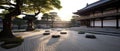 Japanese Zen garden in early morning sunlight