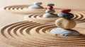 Japanese zen garden with stone in raked sand.