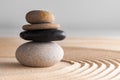 Japanese zen garden with stone in raked sand Royalty Free Stock Photo