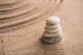 Japanese zen garden stone on wave sand beach.