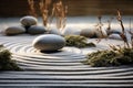 Japanese zen garden. Stones in row pattern in sand and rocks for relaxation and concentration. Generative AI