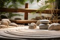 Japanese zen garden. Stones in row pattern in sand and rocks for relaxation and concentration. Generative AI