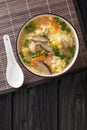 Japanese Zosui rice soup with egg, mushrooms, vegetables and chicken meat close-up in a bowl. vertical top view Royalty Free Stock Photo