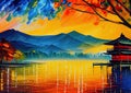 Japanize house and lake oil knife painting Royalty Free Stock Photo