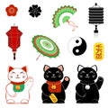 Japenese lucky cats Maneki Neco, Yin-Yang sign, lanterns, fan, umbrella and card with japenese traditinal wish for wealth.