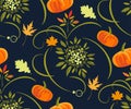 Vector autumn leaves and pumpkin seamless pattern. Creative background with leafs. Print for card, textile, cloth, scrapbooking Royalty Free Stock Photo