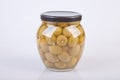 Jar of almond stuffed green olives Royalty Free Stock Photo