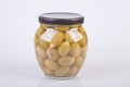 Jar of almond stuffed green olives Royalty Free Stock Photo