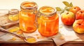 A jar of apple jam and apples on the table. Marmalade and fruits on the table, watercolor illustration. Royalty Free Stock Photo