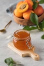 A jar of apricot jam, next to it is a spoon and a plate with ripe apricots. The concept of fruit conservation. Royalty Free Stock Photo